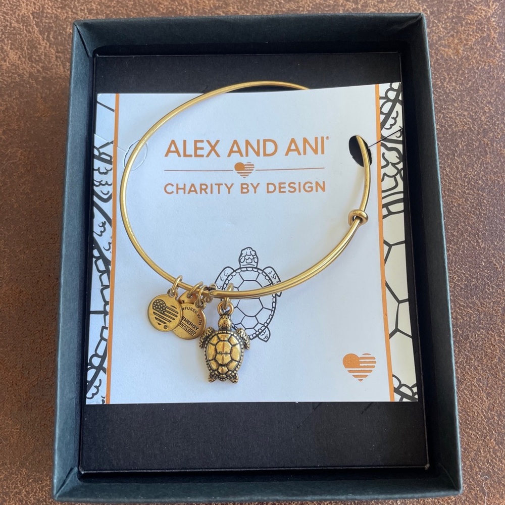 NEW Alex and Ani SEA TURTLE CHARITY Gold Charm Bangle Bracelet NWT & BOX